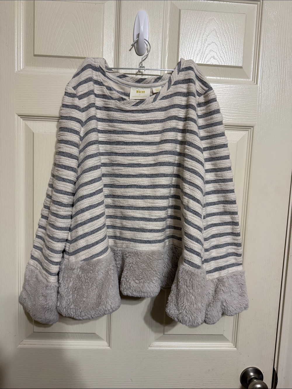 Maeve Striped Plush-Trim Boatneck Sweater in Gray & White